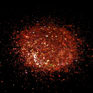Detailed close-up view of shimmering red hexagonal nail glitter powder for crafts and art.
