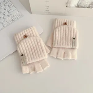 Details of knit convertible half-finger gloves, cozy winter warm mittens for women.