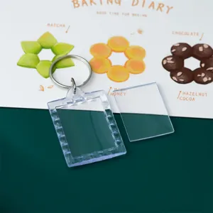 Clear acrylic blank photo frame keychain detail view with metal ring insert design.