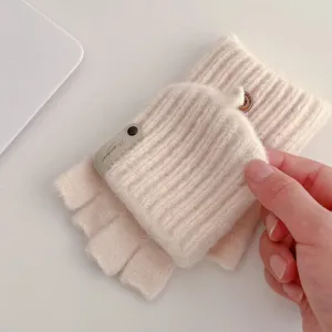 Knit fingerless gloves detail view, winter warm convertible mittens with cute leather label.