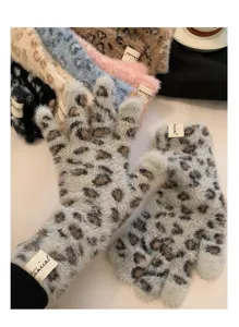 Women fuzzy leopard print touchscreen gloves winter warm knit five finger outdoor mittens