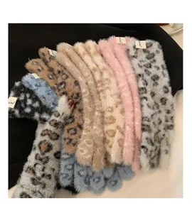 Plush leopard print winter gloves for women fuzzy touch screen warm knit mittens thick soft