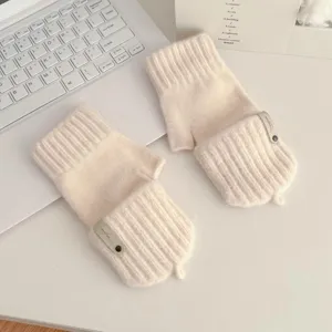 Winter warm knitted fingerless gloves for women, cute convertible flip top mitten design.