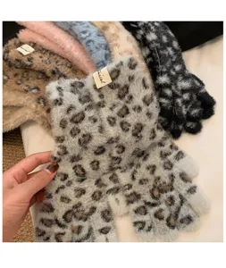 Fluffy leopard print knit touchscreen gloves for women winter warmth for daily wear