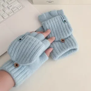 Light blue knit fingerless gloves with convertible flip top mitten cover, soft warm winter.