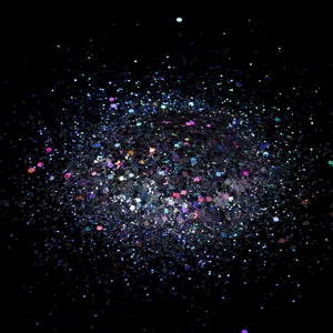 Holographic nail glitter flakes close up detail, colorful hexagonal sequins for art design