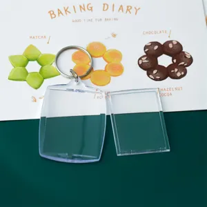 Clear acrylic blank photo frame keychain with metal lock ring, perfect for custom DIY gifts.