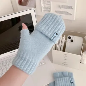 Winter warm half-finger flip knit gloves for women students cute blue convertible winter gloves