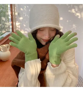 Winter thick knit touchscreen gloves for women, warm candy color wool mittens for wear.