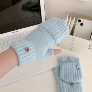 Winter cute knit convertible fingerless gloves for women warm soft light blue half finger