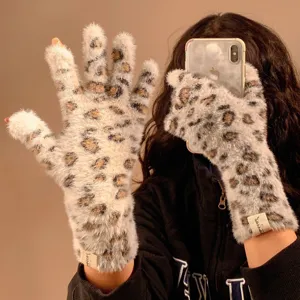 Leopard fluffy knit gloves for women winter warm fingerless touch screen thermal cycling gloves