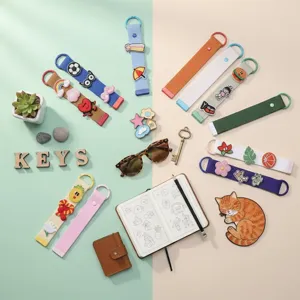 Colorful woven keychain lanyard with cute embroidered patches for student bags and diy charms det.