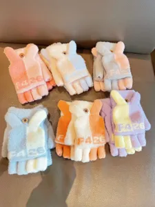 Cute winter knit gloves for women, fleece warm convertible fingerless mittens with rabbit ears.