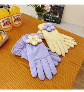Women floral padded winter gloves thick warm windproof touch screen thermal mittens pair.