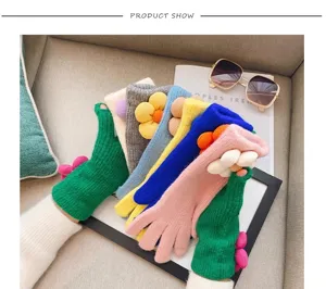 Knitted fingerless gloves with 3d flower warm winter hand wear stylish knitwear accessory