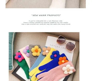 Women winter warm knitted gloves with 3d flower touchscreen for daily outdoor wear