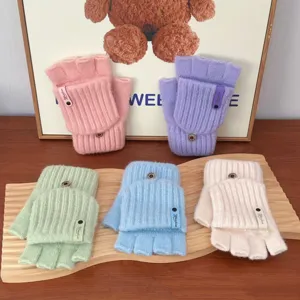 Women winter warm knitted convertible half finger gloves thick student riding mittens