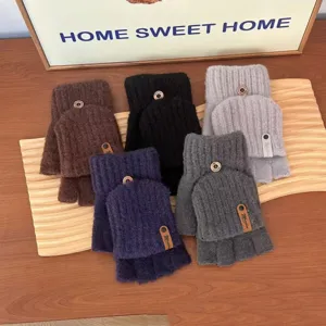 Women winter warm knit convertible fingerless gloves cozy multi colors detail view.