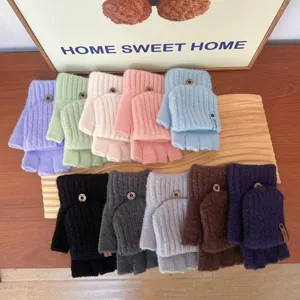 Women winter warm knitted half finger flip gloves fashion cute button student writing mittens