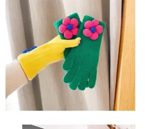 Detailed shot of cute winter women fingerless knit gloves featuring vibrant 3d sunflower decor.