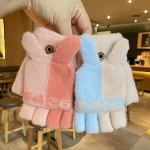 Winter cute women knit fingerless flip gloves warm thick student text gloves stylish cozy