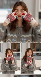 Detail view of women's winter knit fingerless flip-top gloves, showing warm texture and pattern.
