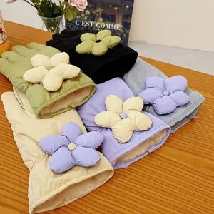 Women's winter warm down gloves with 3D floral design, thick fleece lining for cold weather.