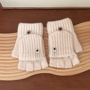 Detailed view of women winter warm knitted convertible fingerless gloves in beige color.