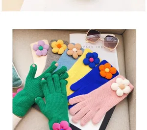 Chic knitted fingerless gloves for women featuring cute 3D sunflower designs and bright colors.