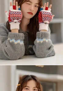Women winter knit fingerless flip-top gloves detail view, stylish warm wool blend wear.