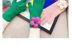 Winter women knit touchscreen gloves with cute sunflower detail, warm fleece lined fingerless design.