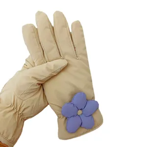 Women winter floral padded down gloves warm windproof thermal touch screen cute mittens