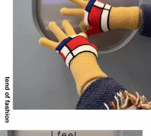 Fingerless winter knit gloves, cozy plush warm thermal gloves for women and students. Detail view.