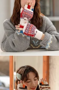 Close-up detail of winter convertible fingerless knit gloves with retro geometric patterns.
