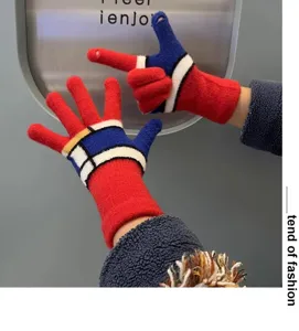 Winter warm knit gloves for women, stylish color block fingerless touchscreen design for cold weather.