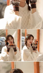 Women winter warm knit convertible fingerless gloves, brown geometric pattern wool half-finger.