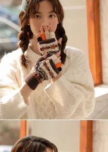 Convertible half-finger knit gloves for women, warm winter thermal wool mittens with flip cover.