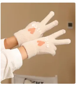 Cute touchscreen winter knit gloves with heart pattern soft plush fleece lining details
