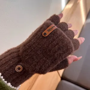 Brown knit half-finger gloves winter warm ribbed fingerless gloves product detail