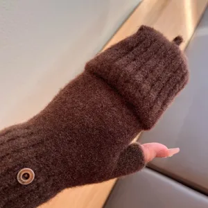 Brown knitted convertible half-finger gloves for women winter warmth thermal fleece-lined mittens.