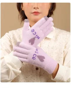 Women winter plush touch screen gloves cute knitted gloves with heart pattern daily warm wear