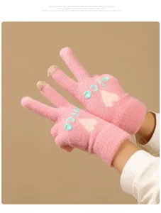 Cute pink knitted touchscreen gloves for women, warm plush winter gloves for outdoor cycling.