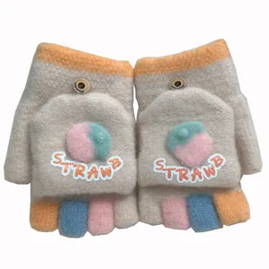 Cute winter knit convertible half-finger gloves for women with colorful fingers and fruit decor.