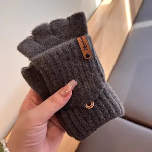 Dark gray knit convertible half-finger gloves winter warm thermal gloves detail view