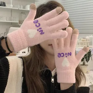 Women's Cute Touch Screen Warm Winter Gloves Sweet Japanese Style Full Finger Plush Knitted Gloves For Cycling Daily Wear