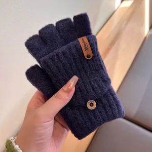 Solid color knit convertible half-finger gloves for winter warmth and daily outdoor wear.