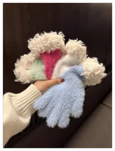 Plush fluffy winter gloves detail showcase multi-color cute warm split-finger mittens