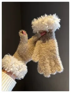 Cute camel plush gloves detail shot showing soft fleece trim and warm fingerless design.