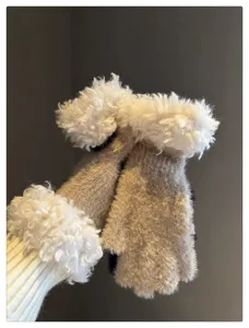 Winter fuzzy warm gloves with plush trim, soft knitted fingerless detail for daily wear.