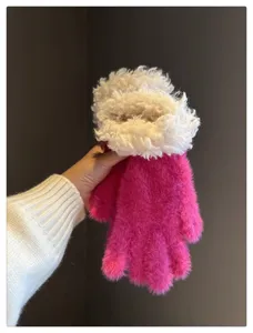 Fluffy winter gloves with soft plush white cuffs, cute pink knit thermal hand warmers for women.